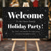 black starry holiday party welcome sign with bold Welcome lettering, white starry night design, and Christmas party details