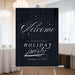 Holiday welcome sign with dark wood and snow design, an elegant party décor for holiday season celebration