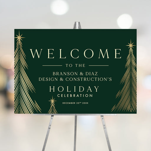 Custom holiday welcome sign featuring a green background and gold trees, ideal for office Christmas parties and professional holiday events.