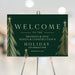Custom holiday welcome sign featuring a green background and gold trees, ideal for office Christmas parties and professional holiday events.