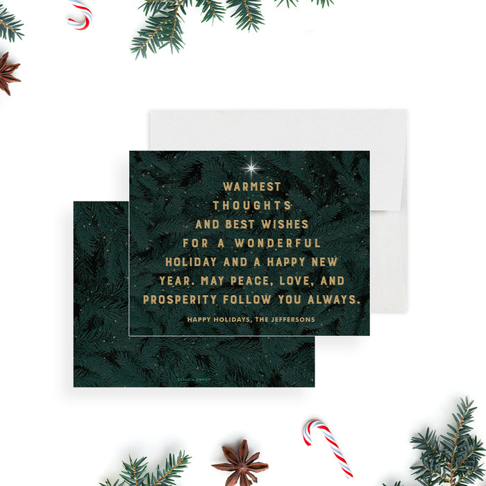 Personalized holiday greeting card with elegant Christmas wishes and pine design-front-back
