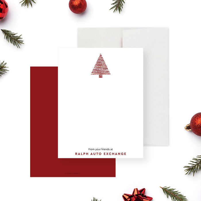 minimalist white Christmas note card with red tree illustration and personalized business name-front-back
