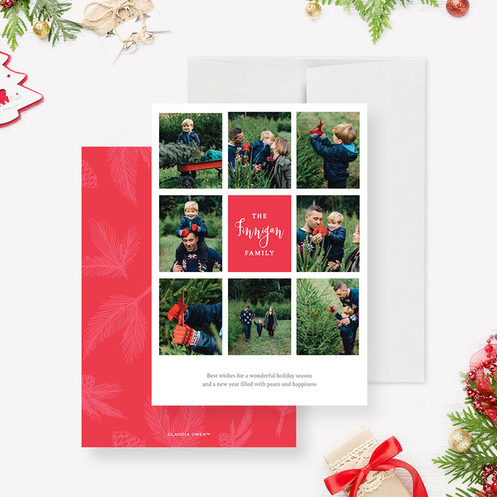 Holiday photo collage card featuring a modern grid layout of nine family images, a bold red center panel for names, and festive pine illustrations on the back.