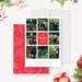 Holiday photo collage card featuring a modern grid layout of nine family images, a bold red center panel for names, and festive pine illustrations on the back.