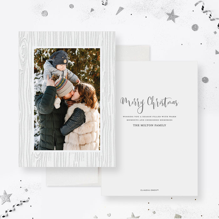 Digital holiday greeting card featuring a winter family photo framed in a white textured border, perfect for Christmas and seasonal messages.