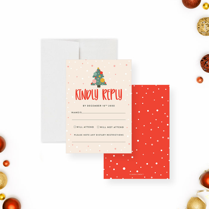 Cute Holiday Party Invitation Card with Christmas Tree and Colorful Baubles, Jingle and Mingle Family Christmas Dinner Invites