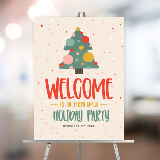 Festive holiday welcome sign featuring a decorated Christmas tree, colorful ornaments, and customizable text for family gatherings, parties, or events.