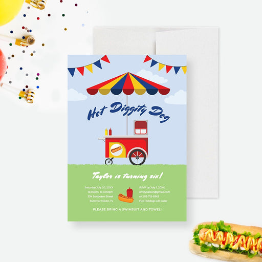 Hot dog birthday invitation template featuring a colorful food cart with striped umbrella and festive bunting for a kids party.