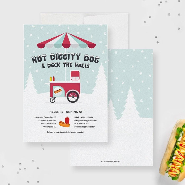 Christmas party invitation featuring a red and white hotdog cart under a striped canopy, winter trees, falling snow, and playful holiday text on a light blue background.