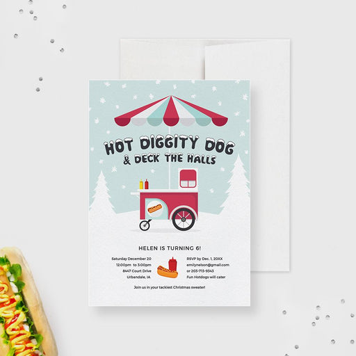 Christmas party invitation featuring a red and white hotdog cart under a striped canopy, winter trees, falling snow, and playful holiday text on a light blue background.