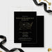housewarming party invitation with black background, gold-colored lettering, U.S. state map, location pin, and personalized event details-front-back