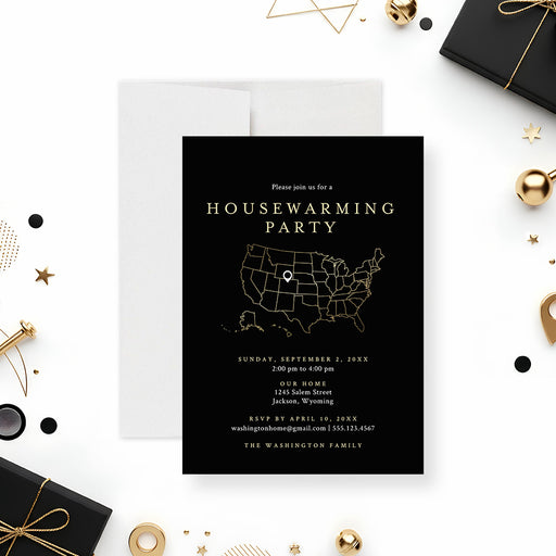housewarming party invitation with black background, gold-colored lettering, U.S. state map, location pin, and personalized event details-front