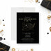 housewarming party invitation with black background, gold-colored lettering, U.S. state map, location pin, and personalized event details-front