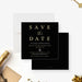 housewarming party save the date card with black background, gold-colored lettering, location marker, and personalized new home details-front-back