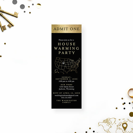 housewarming party ticket invitation with black background, gold-colored custom map design, location marker, admit one heading, and personalized new home details