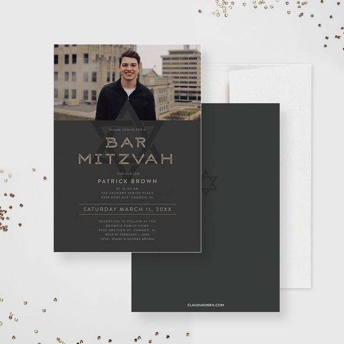 Bar Mitzvah Photo Party Invitation Star of David, Modern Mitzvah Invites, Mitzvah Invitations Jewish Star Religious Celebration