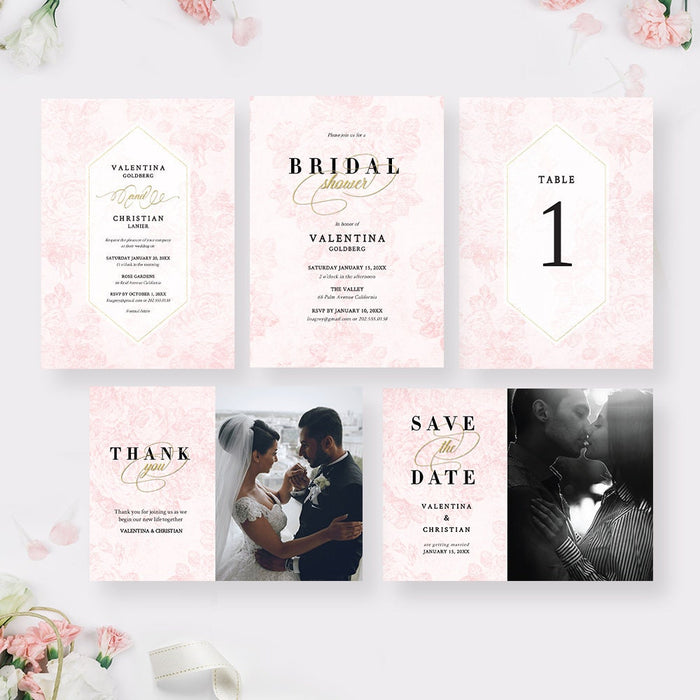 Wedding Invitation in Blush Pink Template Set, Floral Invitation Digital Download, Save the Date Thank You Cards, Bridal Shower Invites