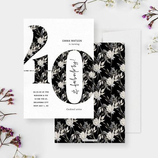 40th Floral Birthday Party Invitation, Custom Elegant Invitation for Women, Milestone Fortieth Birthday Invites, 40 and Fabulous Forty