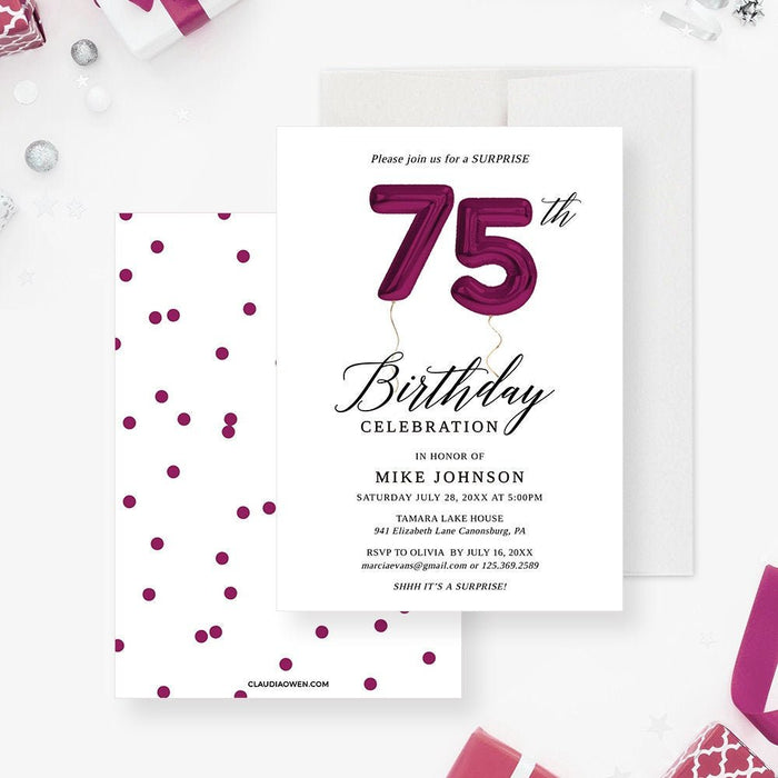 75th Birthday Invitation and Save the Date Card Editable Template, 75th Wedding Business Anniversary, 75 Birthday Balloon Digital Download