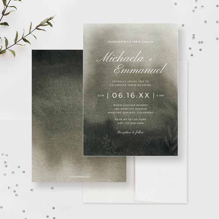 Dark and Moody Wedding Invitation Editable Template, Modern Wedding Invites Digital Download, Printable Watercolor Wedding Invitation