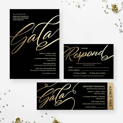 a black and gold gala suite with gold lettering