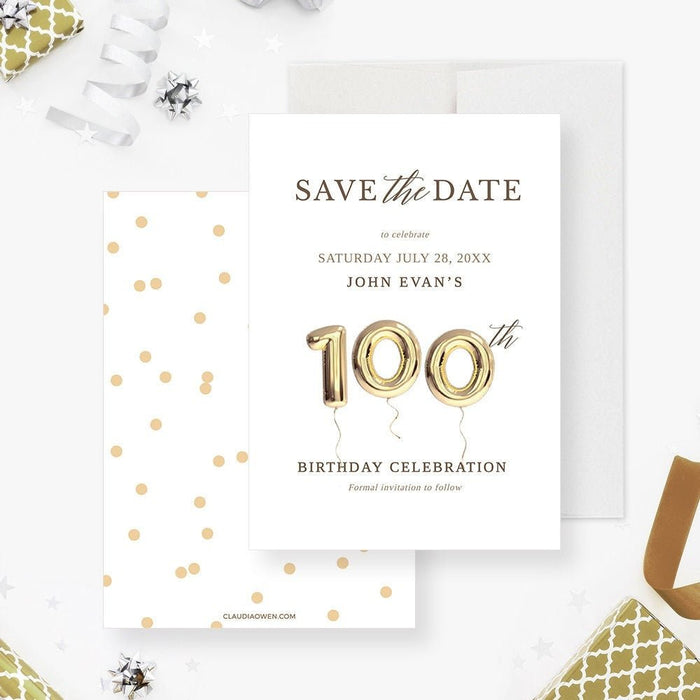 100th Save the Date Card Editable Template, 100 Years Birthday Balloon — Claudia Owen 100th-save-the-date-card-editable-template-100-years-birthday-balloon-claudia-owen