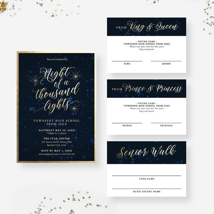 Night of a Thousand Lights Prom Invitation Template, King Queen Prince Princess Voting Cards, Senior Walk Name Cards, Night Sky