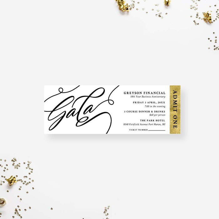 Formal Gala Ticket Template, Admit One Printable Digital Download, Elegant Ticket Invitation Event Tickets in Black White and Gold