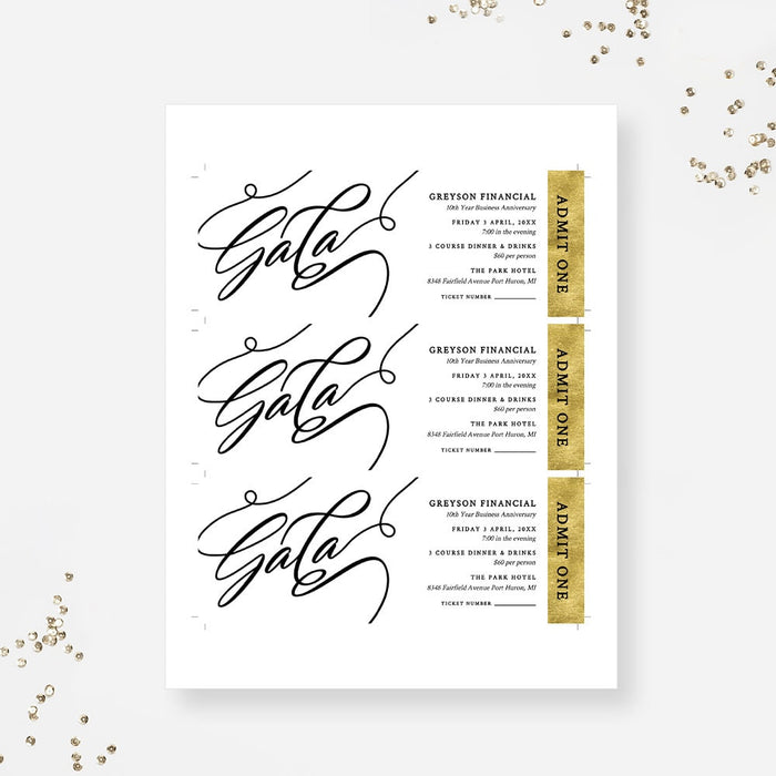 Formal Gala Ticket Template, Admit One Printable Digital Download, Elegant Ticket Invitation Event Tickets in Black White and Gold