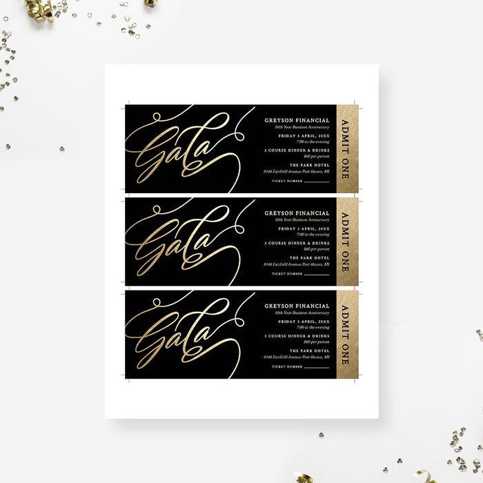 Golden Gala Ticket Template, Admit One Printable Digital Download, Black and Gold Ticket Invitation, Event Tickets