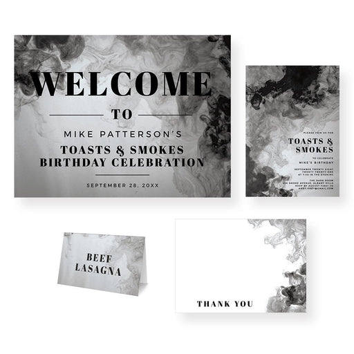 a black and white invitation suite with a smokey design