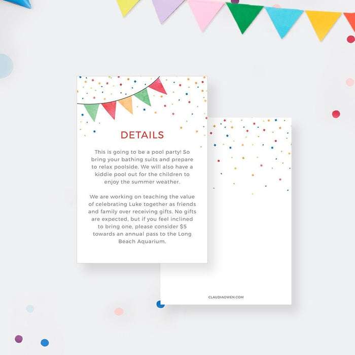 Confetti Information Card Template, Printable Details Card, Info Card, Kids Birthday Insert Card, Digital Editable File Enclosure Cards