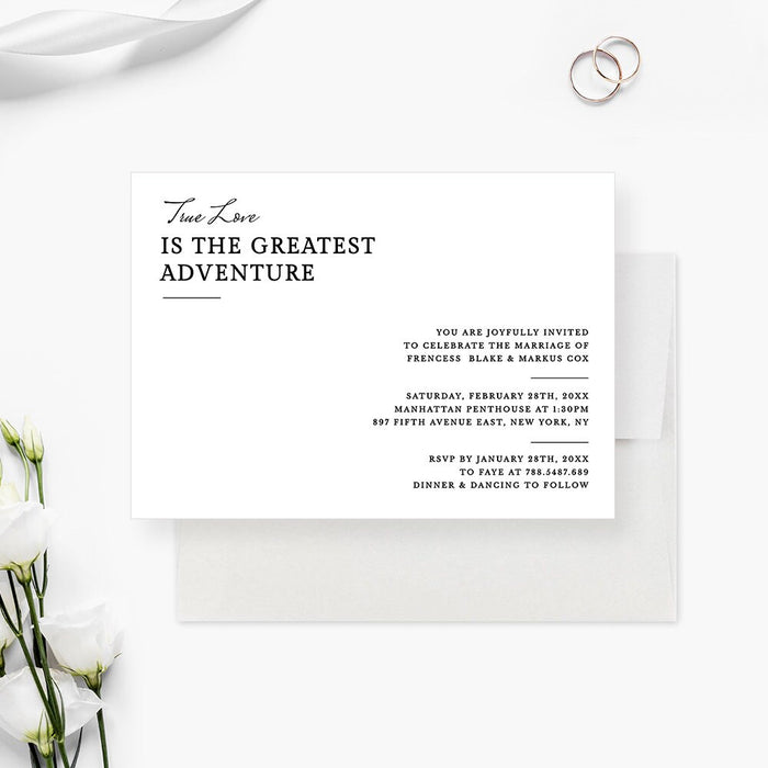 True Love is the Greatest Adventure Wedding Invites, Simple Wedding Cards, Minimalist White Wedding Anniversary with Elegant Calligraphy