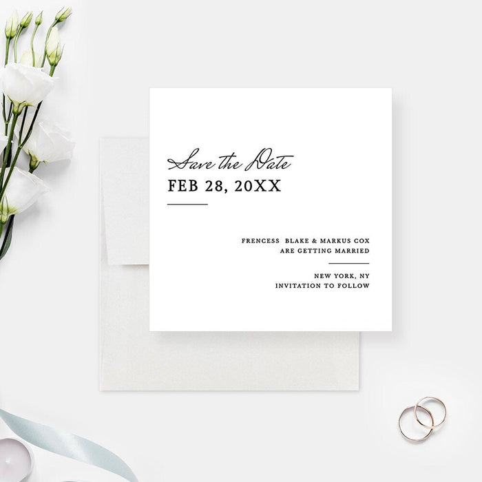 Simple Wedding Save the Date Cards, Minimalist White Wedding Save the Date Template with Elegant Calligraphy