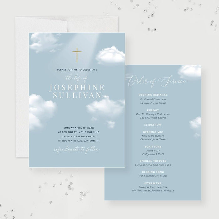 Angel in Heaven Celebration of Life Invitation Digital File, Order of Service Memorial Template Card, Funeral Announcement Ceremony Program