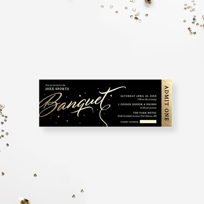 Banquet Ticket Template, Black and Gold Admit One Digital Download, Elegant Ticket Invitation, Event Printable Tickets