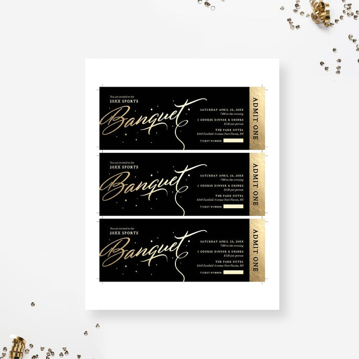 Banquet Ticket Template, Black and Gold Admit One Digital Download, Elegant Ticket Invitation, Event Printable Tickets