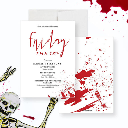 an invitation card with blood splatters and friday the 13th written on it