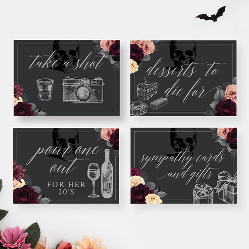 four table signs with flowers and skull for a death to my twenties party 