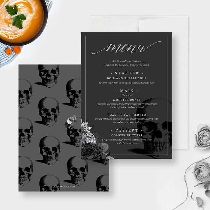 Death to my 20s Birthday Invitation Bundle with Silver Flowers, Funeral for my Youth Editable Template Set, RIP 20s 30s 40s