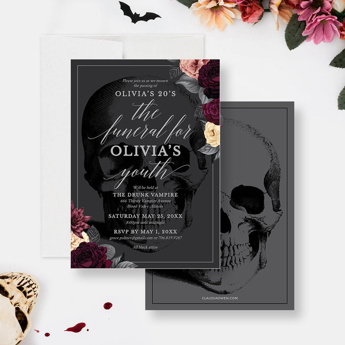 Funeral for my Youth Party Invitation Editable Template Skull With Flowers, RIP 20s Digital Download, 30th 40th 50th Death Birthday Invites