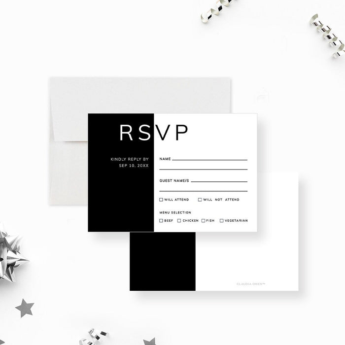 Black and White RSVP Template Card with Menu Selection, Enclosure Cards, Details Card Digital Download, Printable RSVP Cards