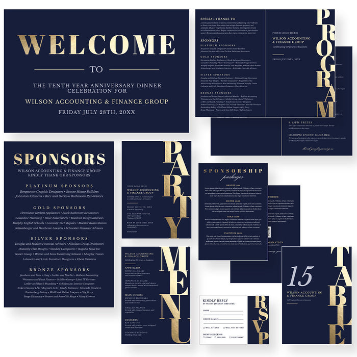 a set of event designs with gold lettering 