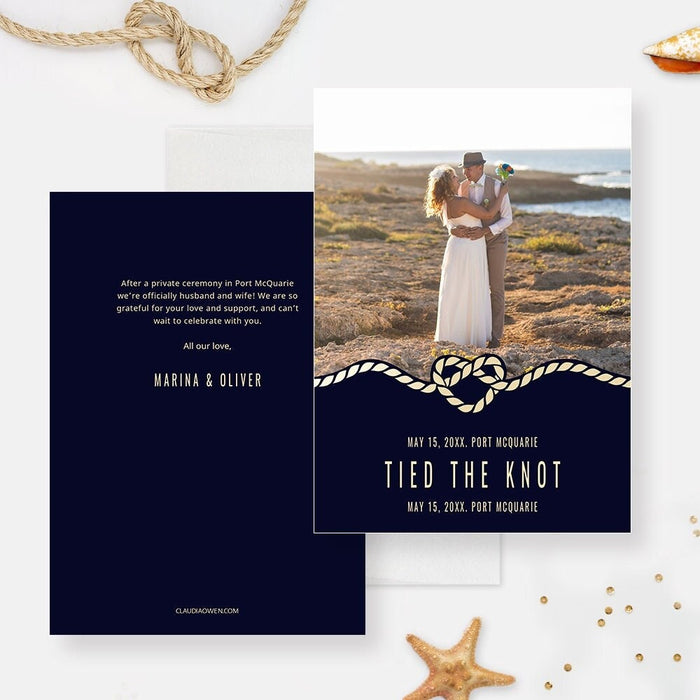 Nautical Wedding Photo Announcement Card Editable Template, Tied the Knot Digital Instant Download, Just Married Announcement