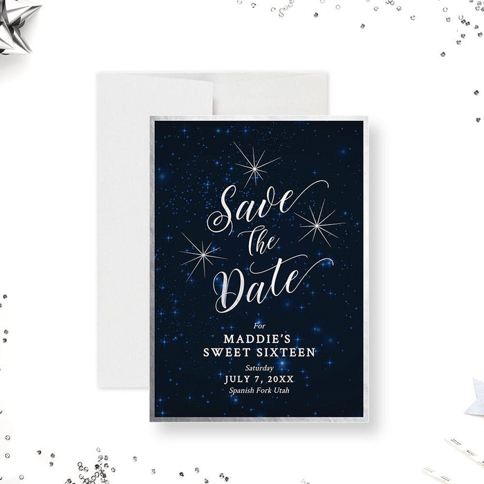 Save the Date Card in Silver, Starry Night Sky Save The Date Instant Download, Celestial Stars Save The Date Digital Printable Template