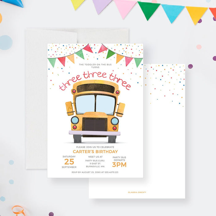 3rd Birthday Party Invitation Template, School Bus Printable Digital Download, Wheels on the Bus Invitation Turning 3