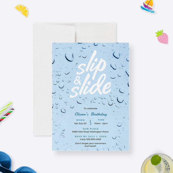 Slip and Slide Pool Birthday Party Invitation Template, Summer Party Printable Digital Download, Swimming Party Invite