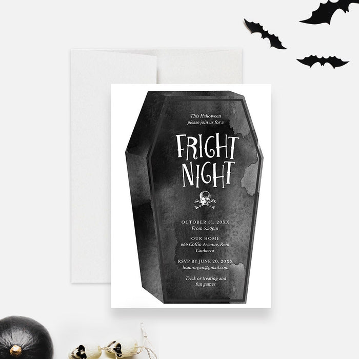 Fright Night Halloween Party Invitation Template with Coffin Illustration, Halloween October Birthday Party Invite Digital Download
