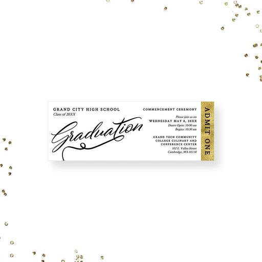 a white and gold graduation ticket with a black and gold writing on it