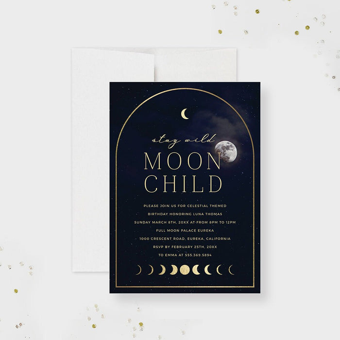 Stay Wild Moon Child Birthday Party Invitation Template, Celestial Baby Shower Invites Digital Download with Moon Phases